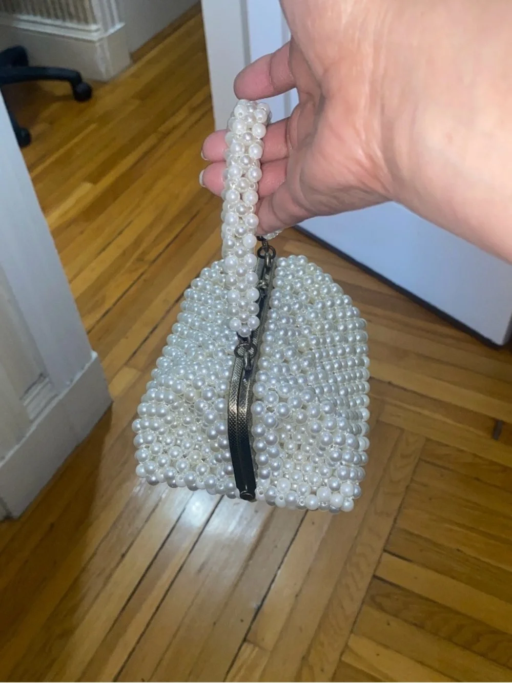 Pearl Beaded Ivory Evening Clutch with Top Handle